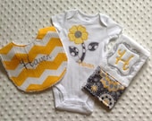 Baby Girl Personalized 3 Piece Gift Set  - Bib, Bodysuit, Burp Cloth-Yellow Chevron and Gray Florals