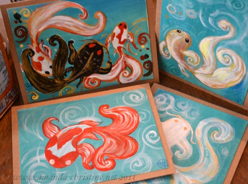 Original Goldfish Koi Art Blank Cards Set of Four- Acrylic Painting by Amanda Christine
