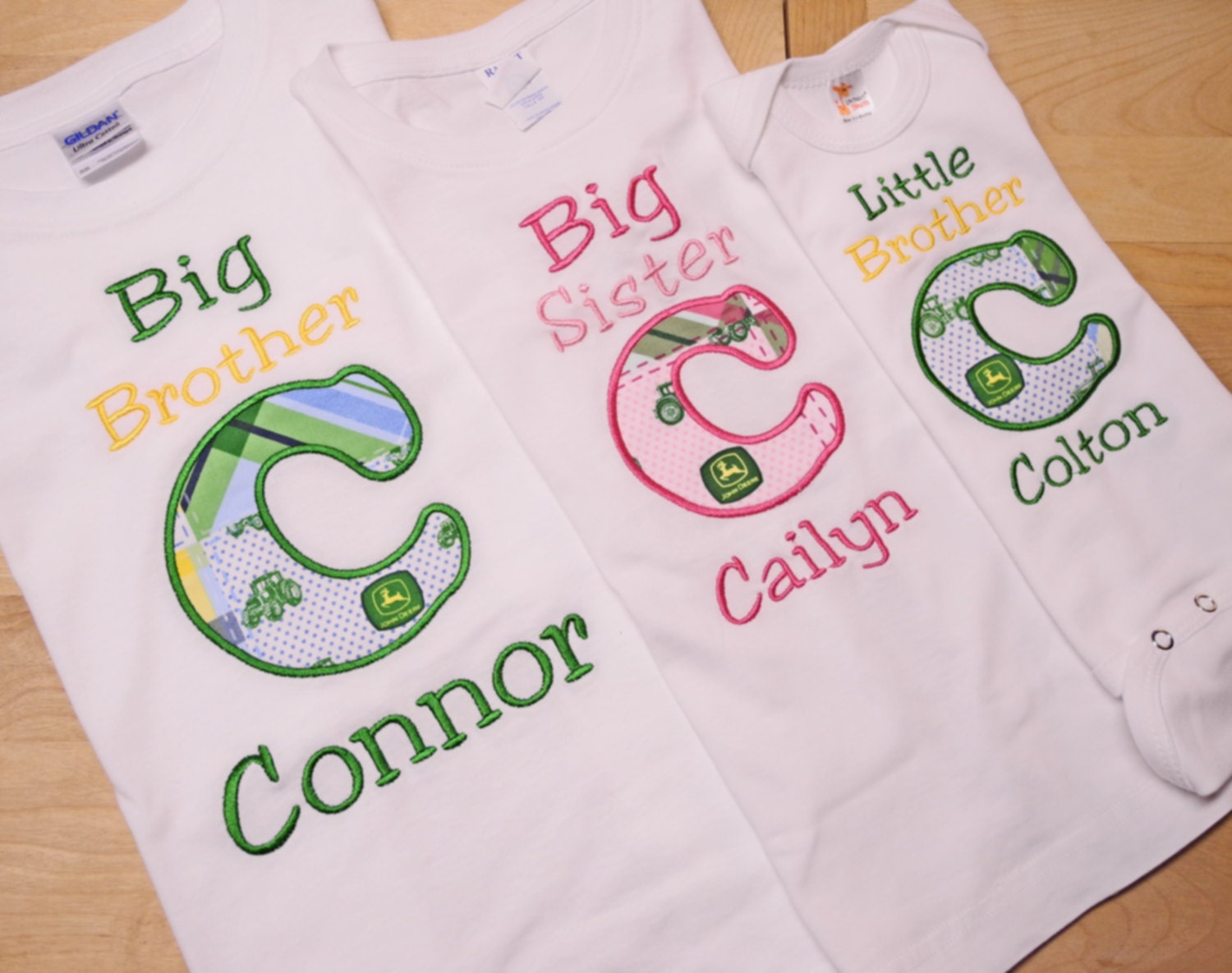 Big Brother Big Sister Little Brother 3 Piece John Deere Appliqued Initial Shirts