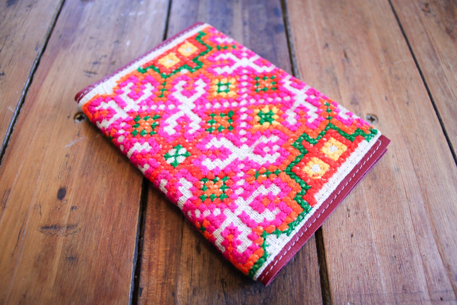 NZFINCH womens Red leather Passport Wallet, vintage hmong fabric