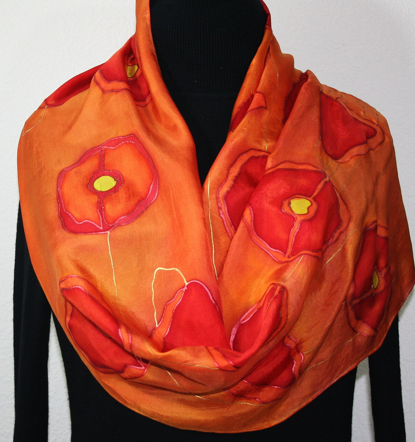 Hand Painted Silk Scarf Blushing Poppies. Silk Scarf in Light Orange and Poppy Red. Size 11x60. Made in Colorado. 100% silk. MADE TO ORDER.