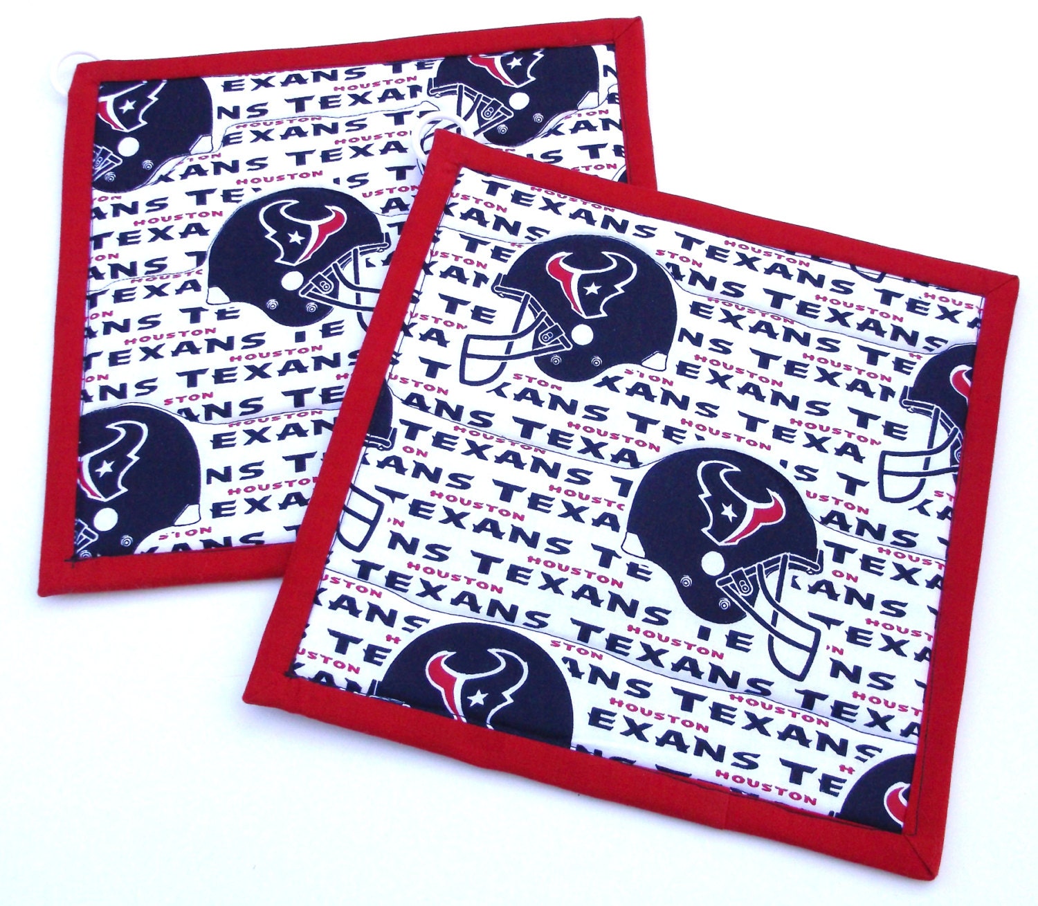 NFL Houston Texans- Pot Holders-Set of 2-9" X 9"-Silver Cloth Backing-Ring for Easy Hanging Up-Made by Pizazz Creations