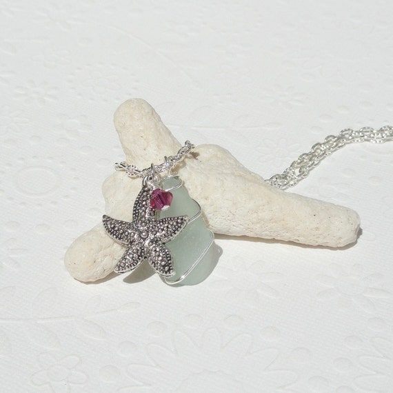 Seafoam Green Wire Wrapped Sea Glass Necklace with Starfish Charm and Swarovski Crystal