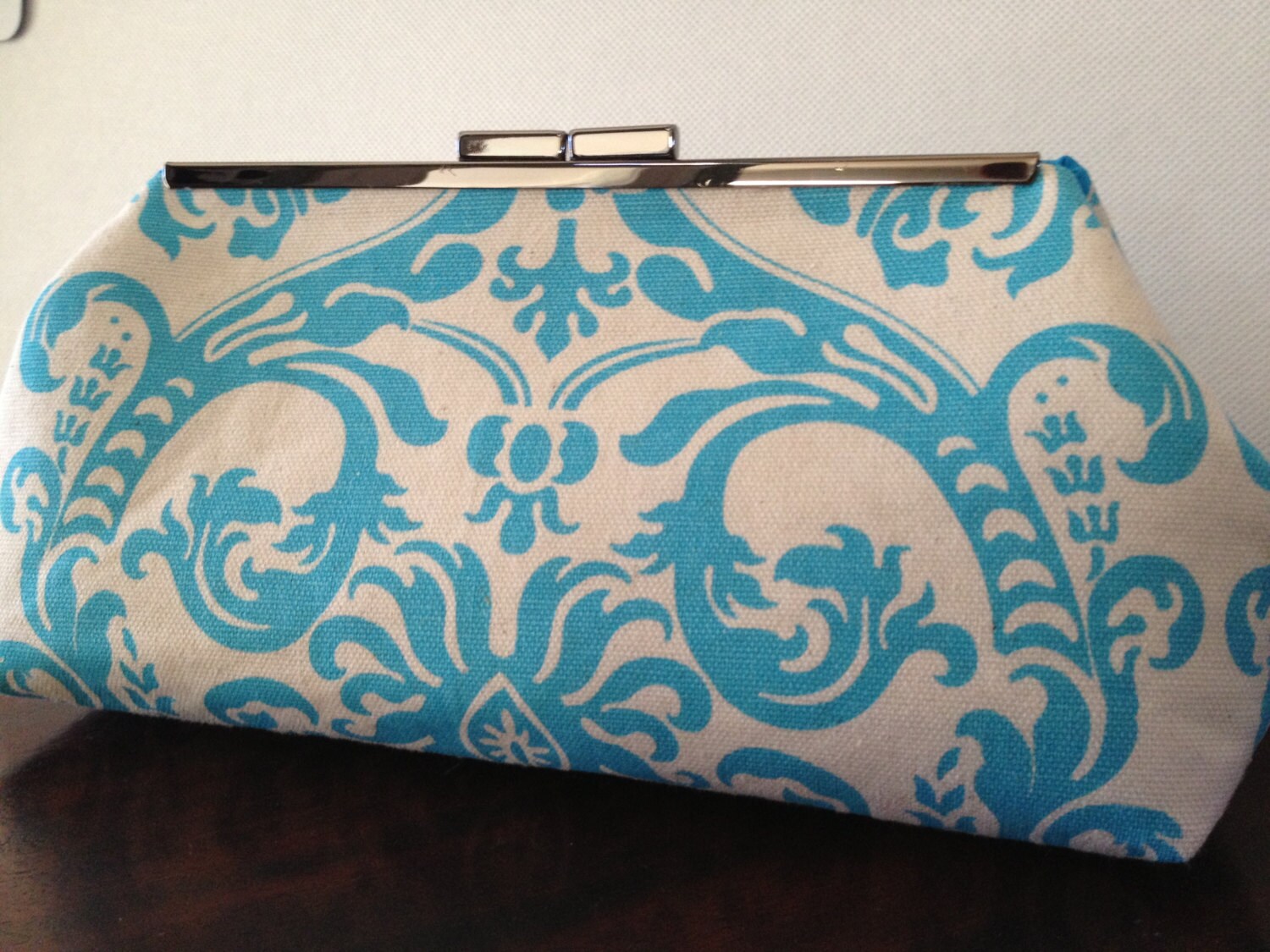Prom Frame Clutch, Turquoise Blue Damask