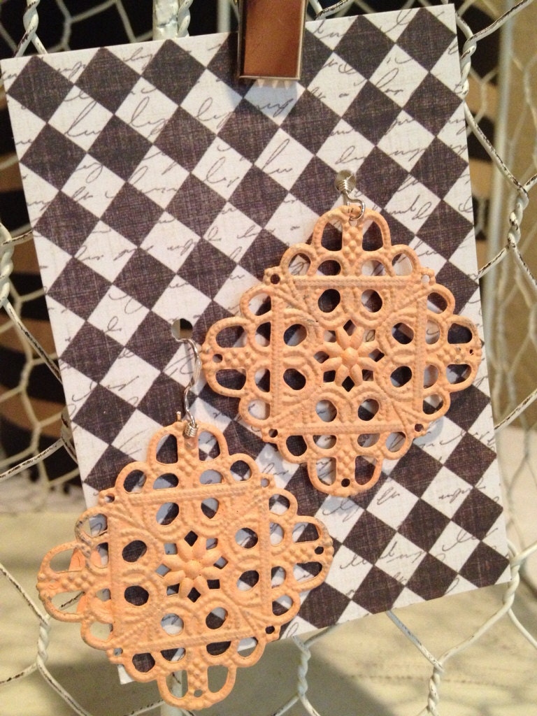 Hand Painted Filigree Earrings Coral