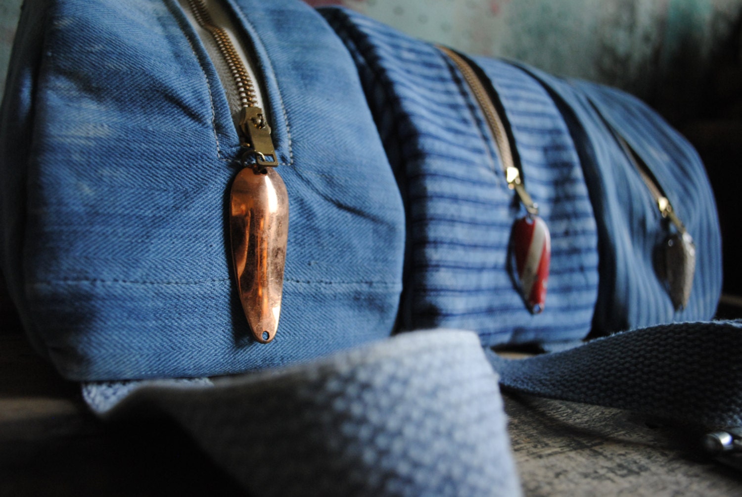Dopp kit / toiletry travel bag -  natural indigo dyed vintage ticking with leather detail and fishing lure zipper pull