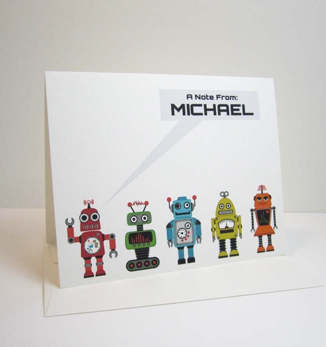 Personalized Robot Notecards Kids Cards Set of 6 Blank Recycled paper