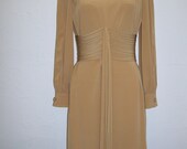 Galanos 1970s tan silk crepe dress with fringe S