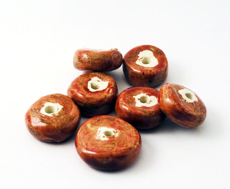 Handmade Brick Red Ceramic Pottery Beads Rondelle Disc Round Circle Set of 7 Macrame Rustic Modern Dteam Homespunsociety Etsymudteam Cotteam