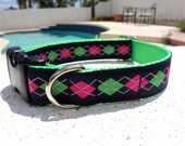 Dog Collar 1" Quick Release - Argyle Preppy Hot Pink & Green