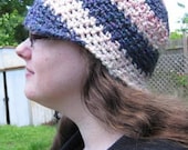 Crochet Brimmed Beanie: Pink and purple stripes, Homespun, adult size.