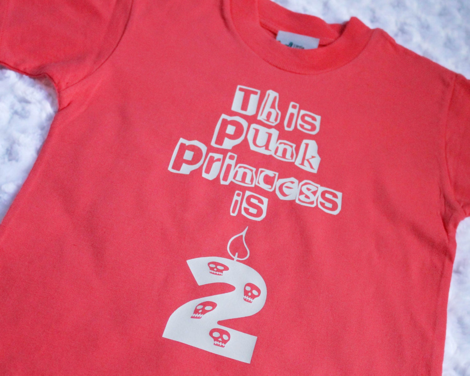 2 year Punk Princess Birthday party shirt for punk rocker / alternative / heavy metal bday toddler girl in coral. Size 2