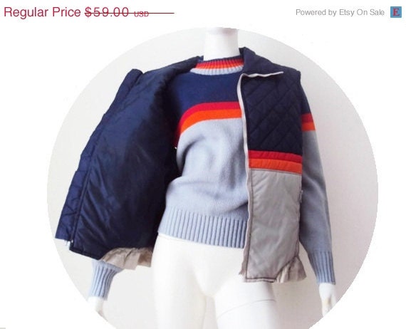 SALE 80's Ski Vest and Matching Sweater, Striped Sweater, Vintage Outerwear, Navy Blue Jacket, Coat, Unisex  Men's or Women's, Medium - YesterdaysSilhouette