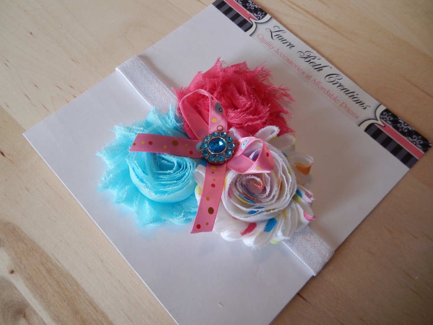 Shabby Chic Triple Rose Headband - Spring Dot/Hot Pink/Aqua - Baby Girl Headband - Newborn Headband - Childrens Headband - Flower Headband