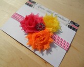 Triple Mini Hot Pink/Orange/Yellow Chevron Shabby Chic Rose Headband - Infant Headband - Newborn Headband - Children's Headband