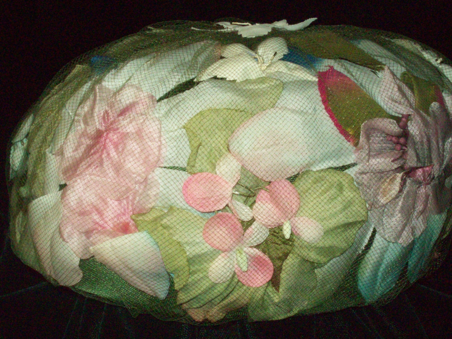 Ladies Dress Hat, Vintage, Unusual, Round Pillbox Style , Surrounded with Silk Flowers , Covered with netting,   Excellent Condition