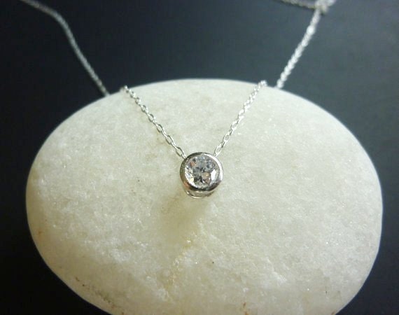 bezel set solitaire diamond look necklace in sterling silver-diamond cz solitaire necklace-tiny cz stone necklace-small diamond necklace
