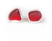 English Sea Glass Cherry Red Post Earrings in Sterling Silver