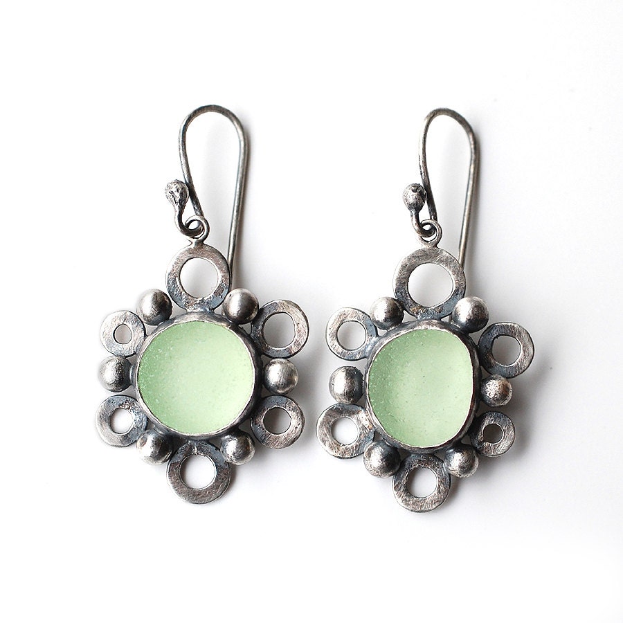 Lace Flower Pale Green Sea Glass Earrings in Silver
