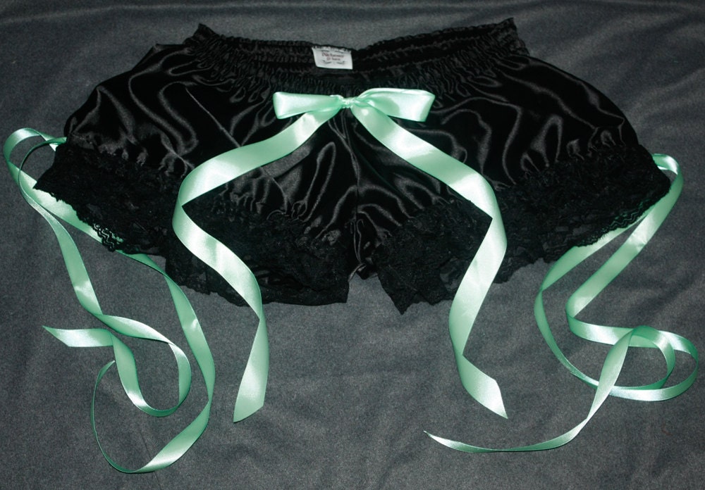 Black Satin Bloomers with Mint Ribbon and Black Lace