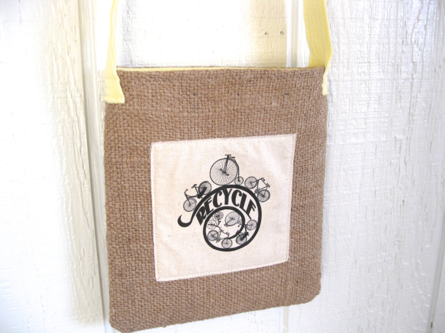 Lemon Zest. Yellow. Eco. Upcycled Burlap & Tshirt. Sling Bag. Earth Day. Spring Fashion. Bicycle. For Her. Mothers Day. Gift Idea.