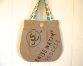 Eco. Upcycled Burlap Farmers Market Bag. Earth Day. Whimsical. Spring. Fashion. Tote. Owls. Apples. Mothers Day. Gift Ideas.