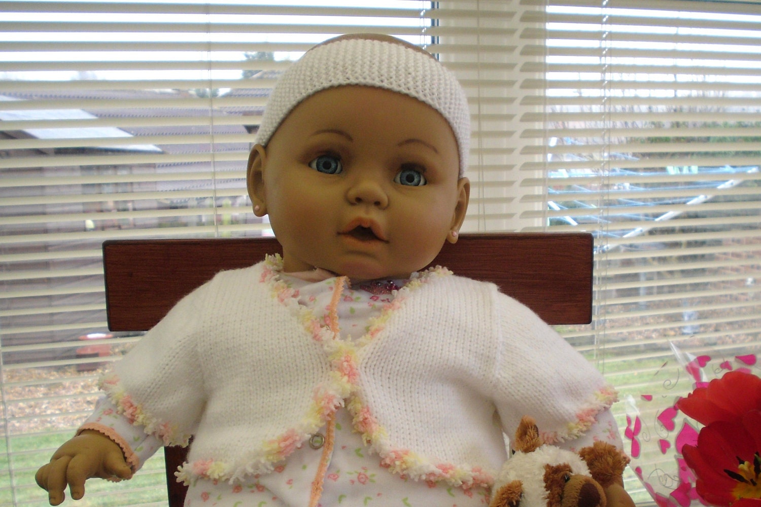 Childs Bolero/Shrug white/pink/yellow. Easter  20" machine washable,