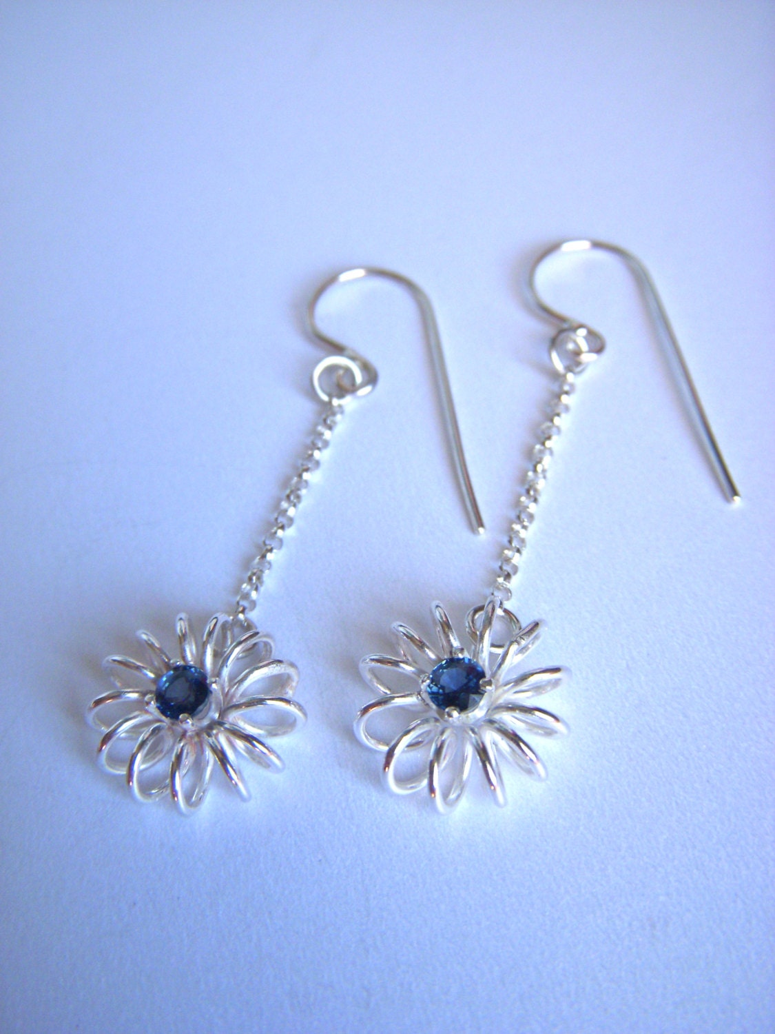 Sapphire Flower Bloom Dangle Earrings with Customized Birthstone in Sterling Silver