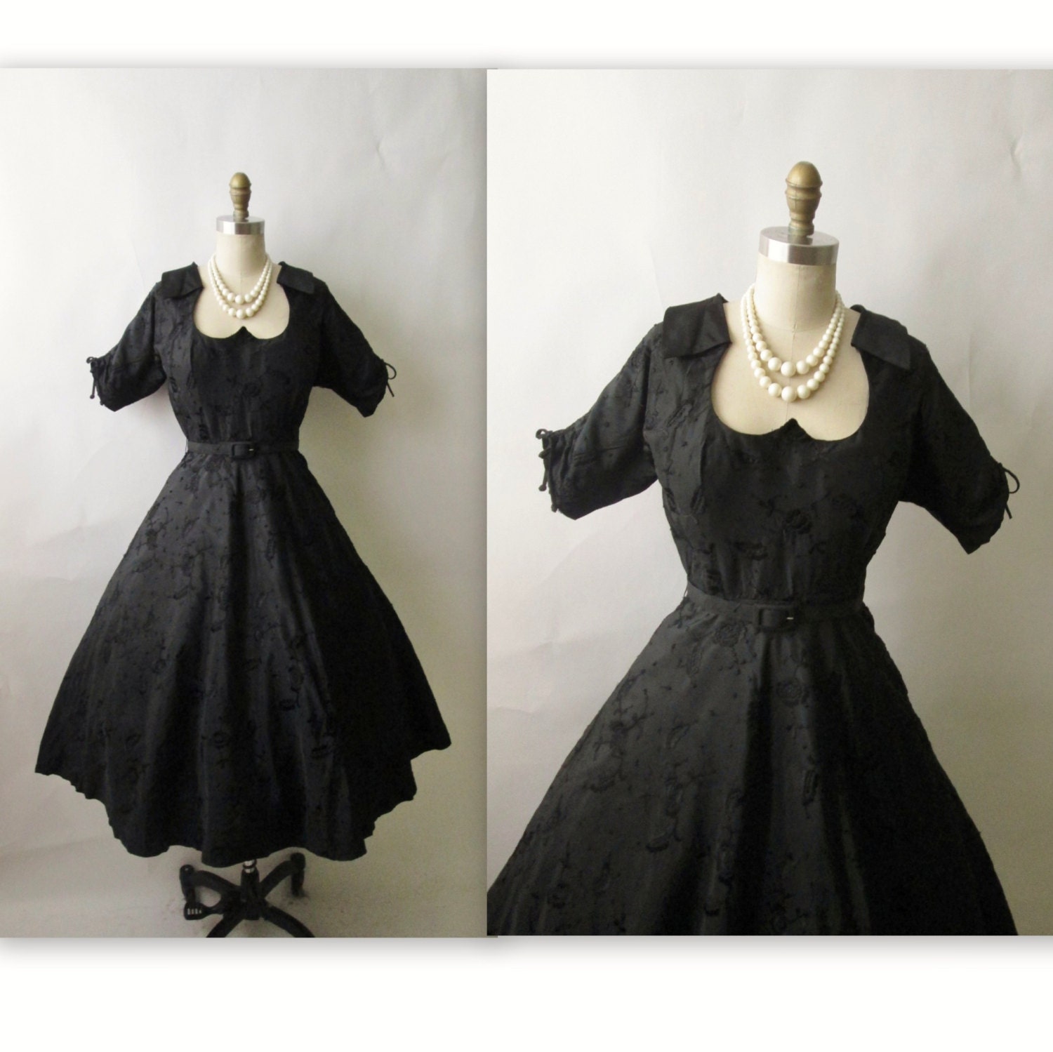 50's Taffeta Dress // Vintage 1950's Embroidered Black Taffeta Cocktail Party New Look Dress M