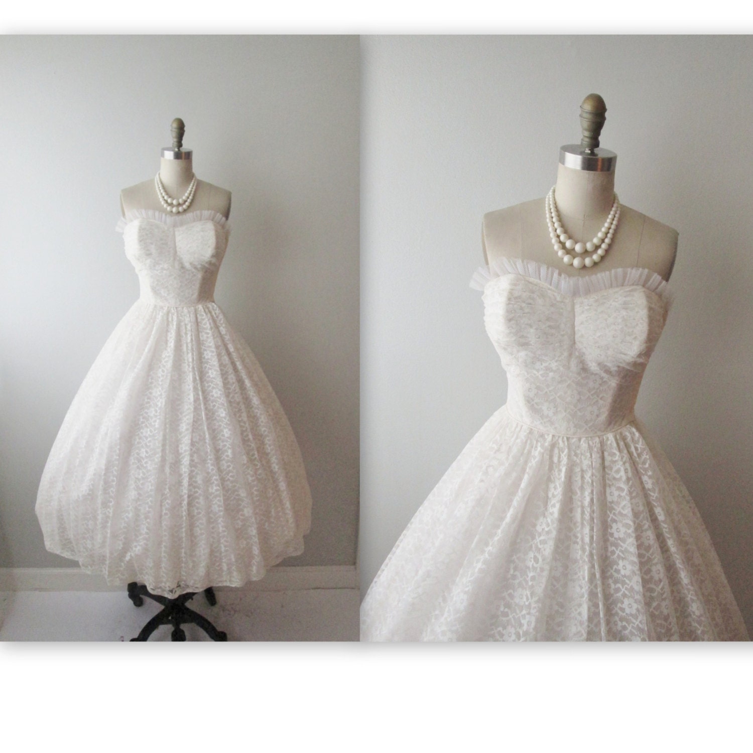 50s Wedding Dress // Vintage 1950s Strapless White Lace Wedding Dress Gown XS