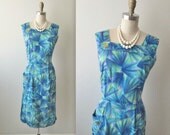 50s Dress // Vintage 1950s Blue Abstract Print Cotton Mad Men House Dress L