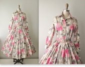 50's Silk Dress // Vintage 1950's Floral Print Silk Garden Party Casual Shirtwaist Day Dress XS