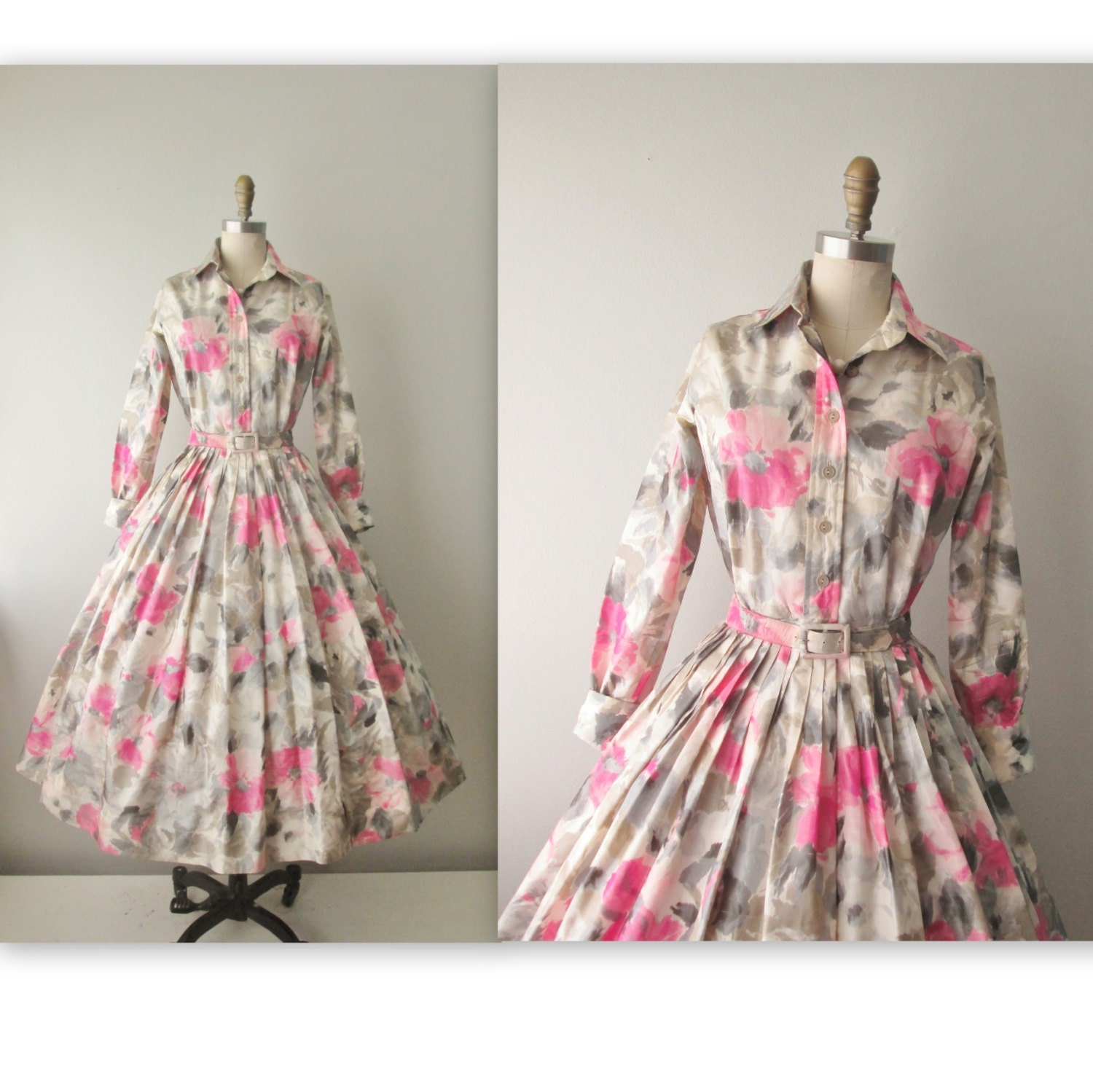 50's Silk Dress // Vintage 1950's Floral Print Silk Garden Party Casual Shirtwaist Day Dress XS