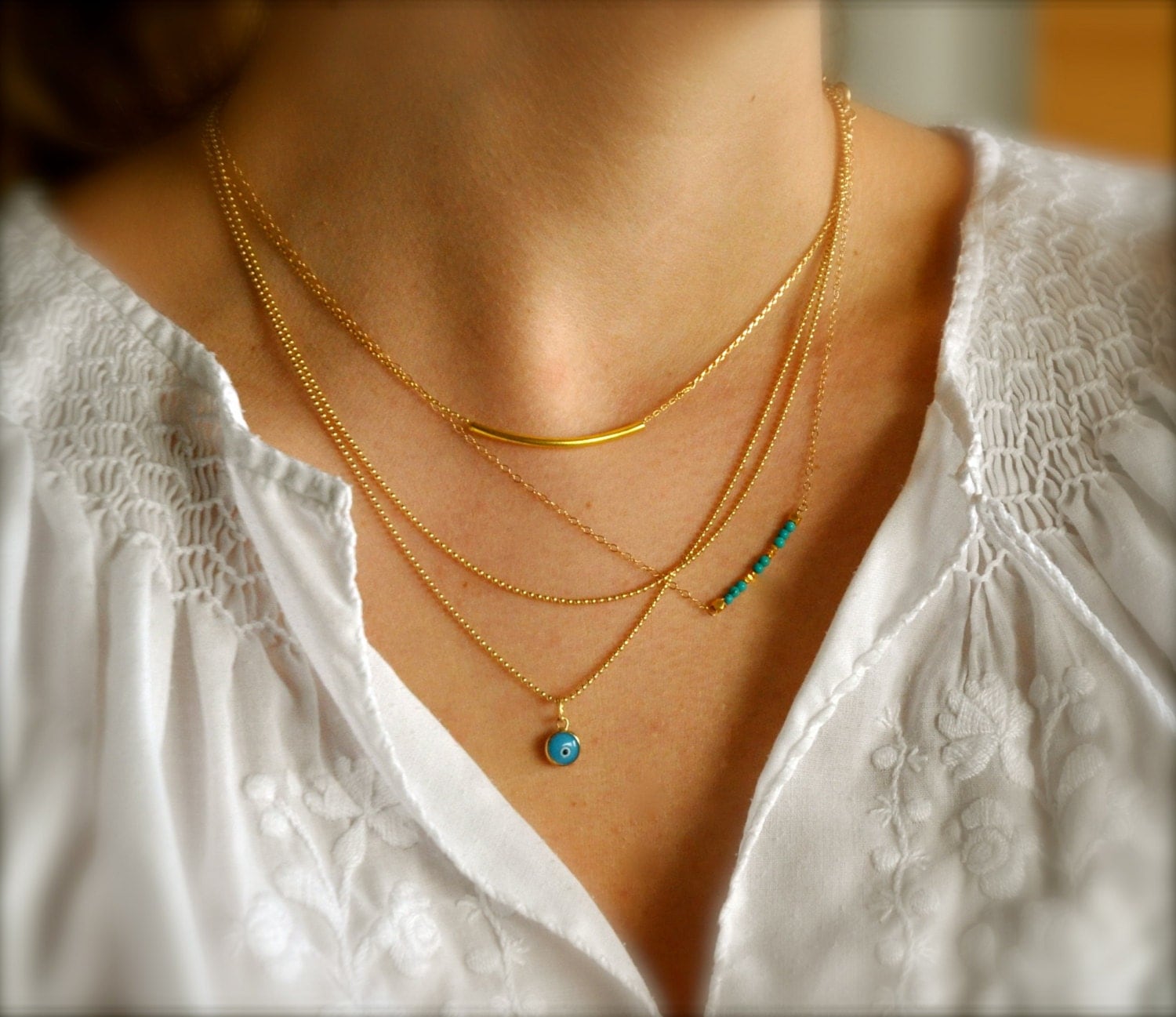 Set of 3 Layering Necklaces, 14K Gold Filled, Tube Bar, Turquoise, Evil Eye