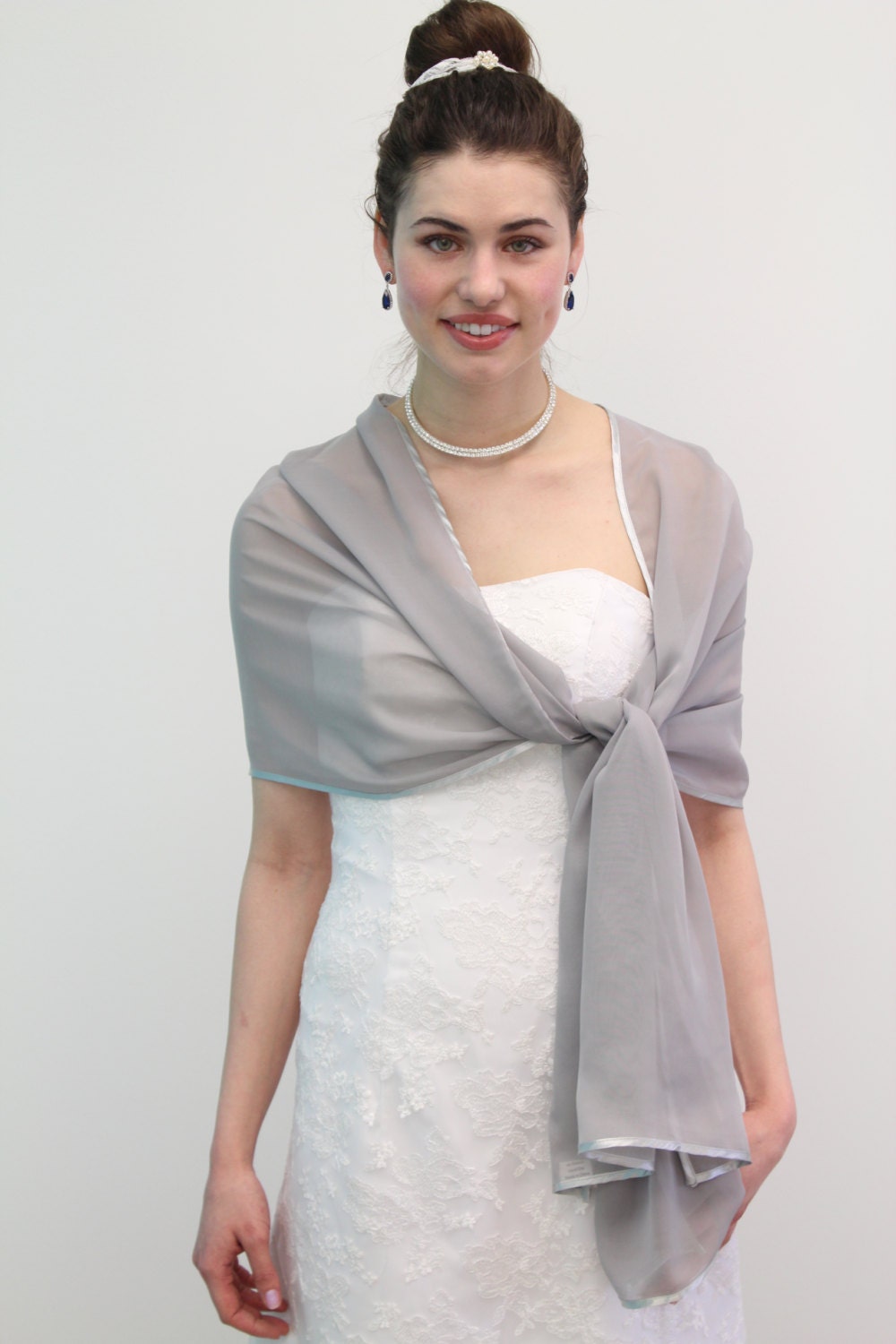 Silk Feel Chiffon Ribbon Trim Bridal Wrap Wedding Stole - Dark Gray 7139CH