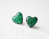 Emerald Green Glitter Hearts Stud Earrings