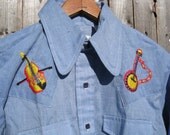 Vintage Chambray Guitar Embroidered Shirt Mens Large