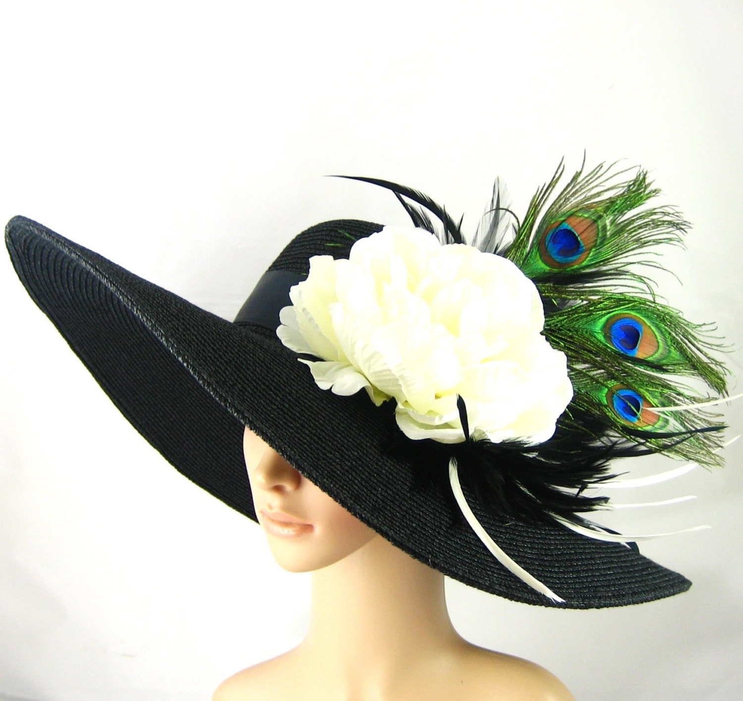 Kentucky Derby Hat with Peacock Feathers ,Derby Hat ,Dress Hat ,Wide brim black Hat Women's Dress Hat Wedding Tea Party Ascot  Horse Race