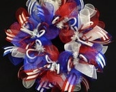 Patriotic Wreaths, Memorial or Labor Day, Veterans Day, RWB, Poly Mesh Wreath, Deco Mesh, Double Doors