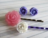 Vintage style hair pins and earring gift set / pink and purple hair pins and earrings