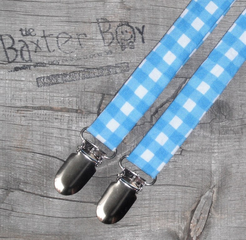 Turquoise gingham little boy matching suspenders - photo prop, wedding, ring bearer, accessory