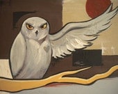 Owl and the blood moon original acrylic painting 18 x 24 canvas