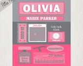 Baby Birth Announcement Poster // Girls Pink and Gray Gift // Modern Birth Print // Children's Nursery Art // 8x10