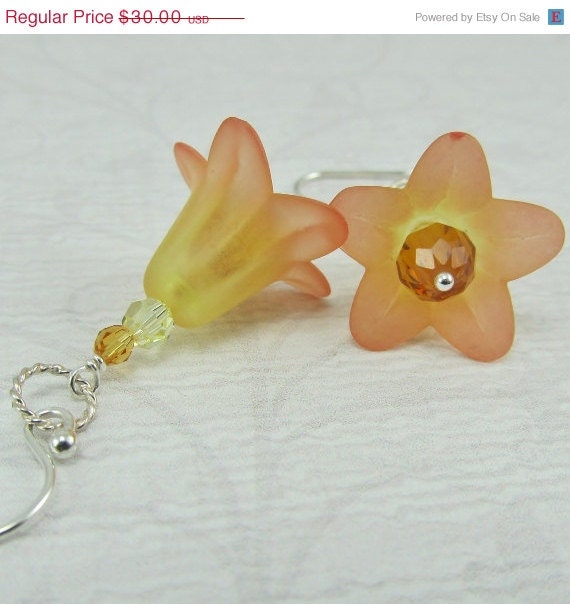 15% OFF Yellow and Orange Earrings Lily Floral Silver Hand Dyed