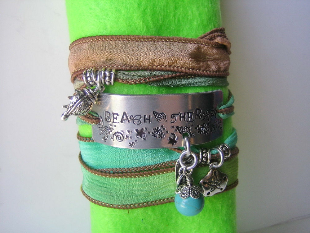 Hand Stamped - Hand Dyed Silk Ribbon Bracelet - Beach Therapy with Ocean Blue Stone and Assorted Beach Charms
