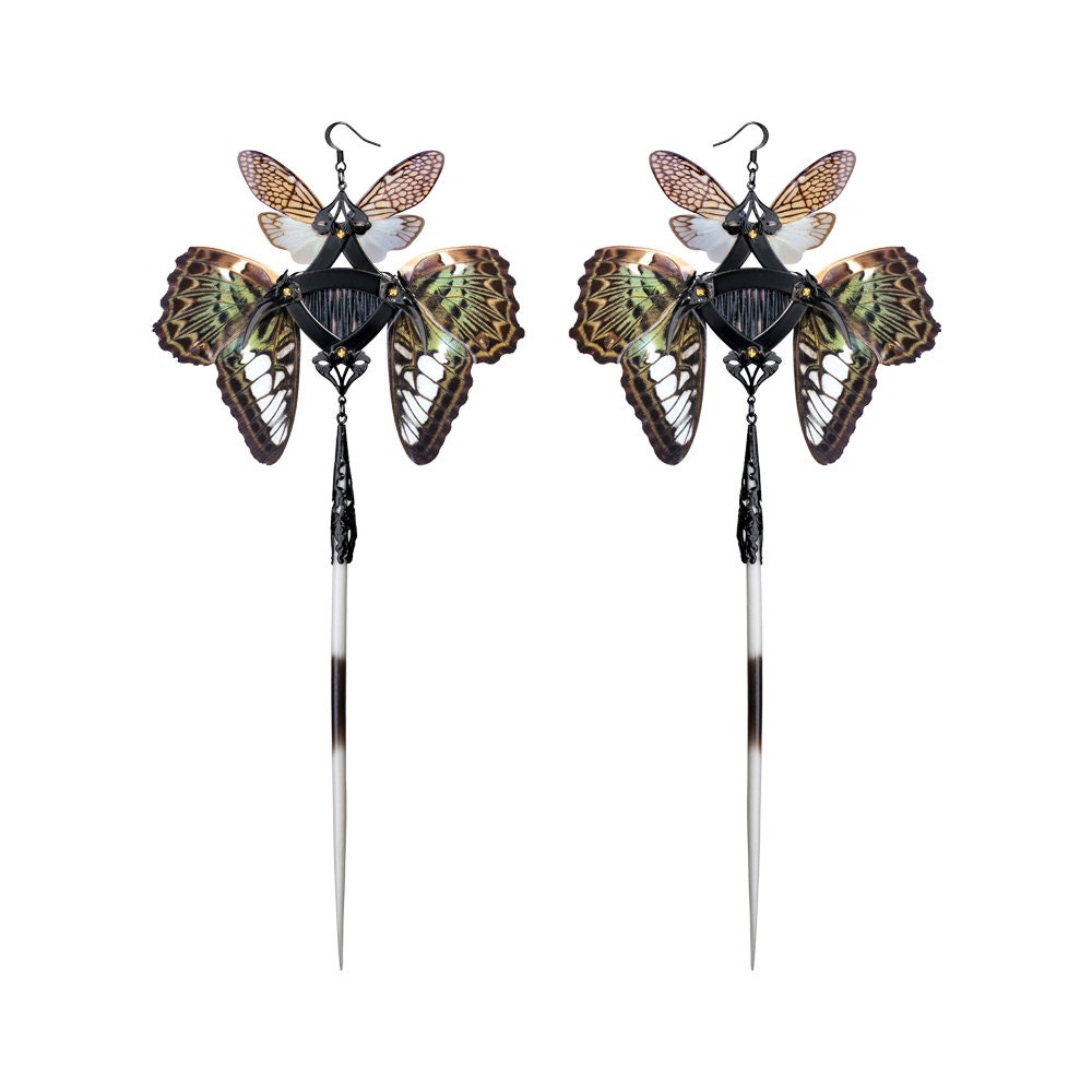 Black Porcupine Quills with Oriental Moth and Butterfly Wings - KANZASHl Long Dangle Earrings - One of a kind - Free Shipping