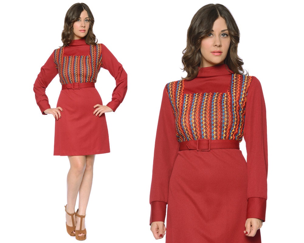 60s Mod Dress Burgundy Multicolor Woven Tunic Mini Belted Turtle Neck Puff Sleeve 1960s Mini Dress / Size XL Extra Large