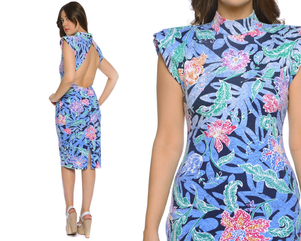 Floral Bodycon Dress 80s Hawaiian Sheath Open Back Batik Strong Shoulders Hibiscus 1980s Sundress Tropical / Size M Medium