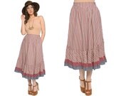 Prairie Skirt 70s Calico Floral Flounce Boho 1970s Hippie High Waisted Midi Ruffle Circle Skirt Basque Waist / Size S Small