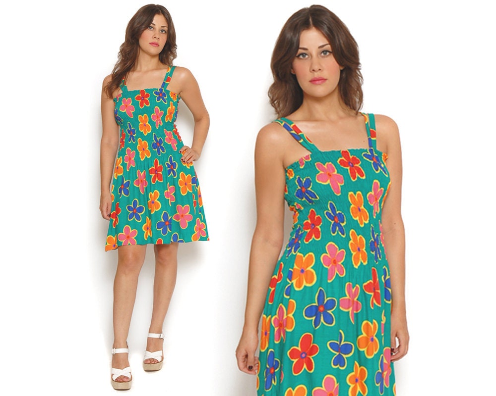 70s Sundress Bright Teal Floral Flower Power Hawaiian Smocked Midi Dress 1970s Boho / Size S M Small Medium